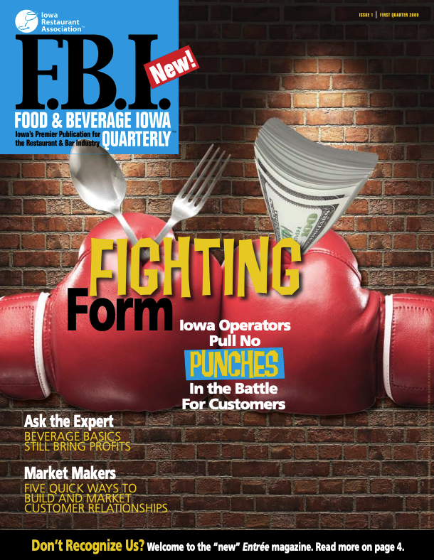 Cover of Food & Beverage Iowa Quarterly magazine featuring headline ‘Fighting Form’ with boxing glove holding money.